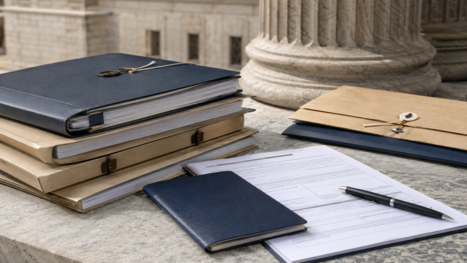 Legal files and passport near courthouse architecture