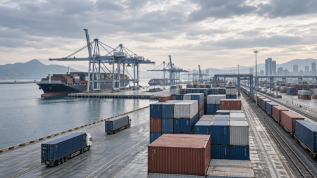 Cargo containers and port cranes illustrating global trade sanctions supply chains