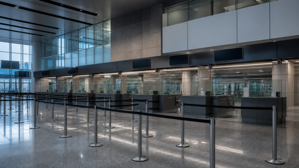 Empty airport lanes representing visa processing restrictions