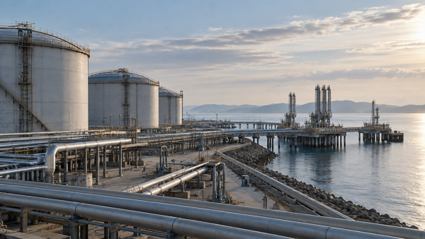 Empty coastal oil terminal with storage tanks and pipelines